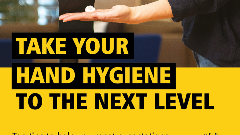 Hand with hand sanitizer alongside text promoting advanced hand hygiene tips.