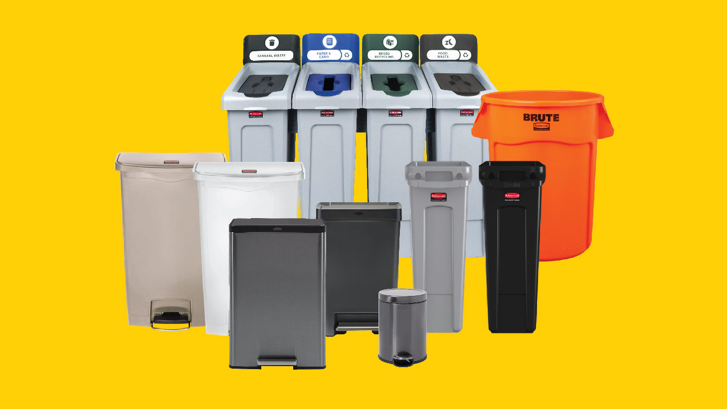 Bin Selector Tool, image showing a range of waste management solutions offered by Rubbermaid Commercial Products