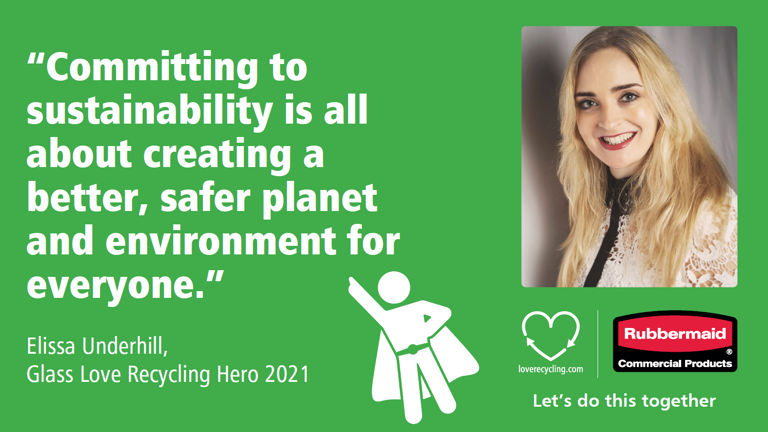 Smiling woman next to text about sustainability with recycling icon